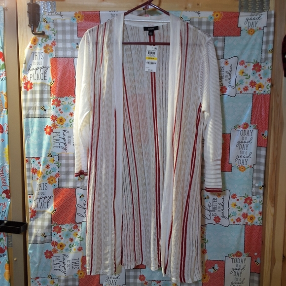 NWT ALFANI IVORY STRIPE LONG SLEEVE OPEN CARDIGAN TOP - Picture 2 of 11